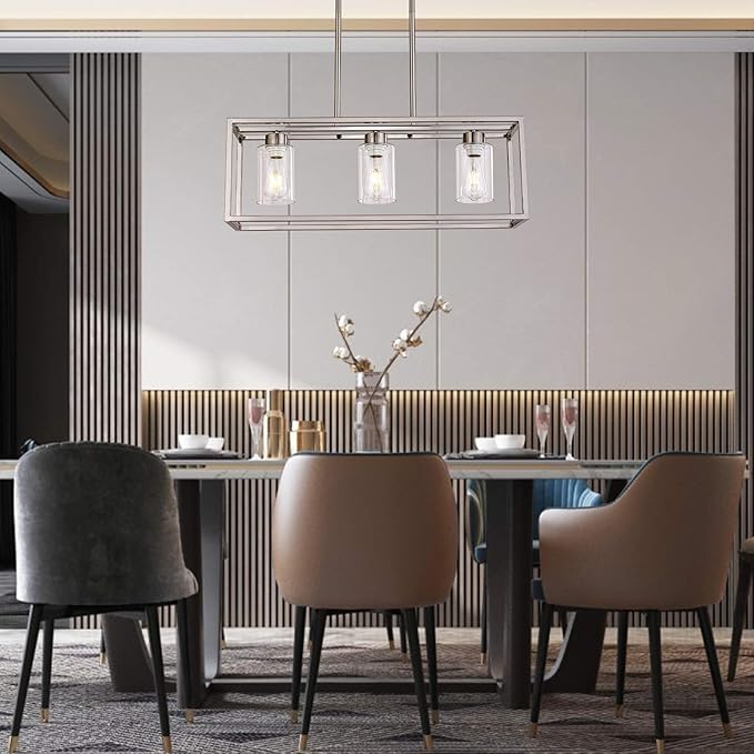 XILICON Dining Room Lighting Fixtures Hanging Farmhouse Brushed Nickel 3 Light Modern Pendant Lighting Contemporary Chandeliers with Glass Shade for Living Dining Room Bedroom Kitchen Island