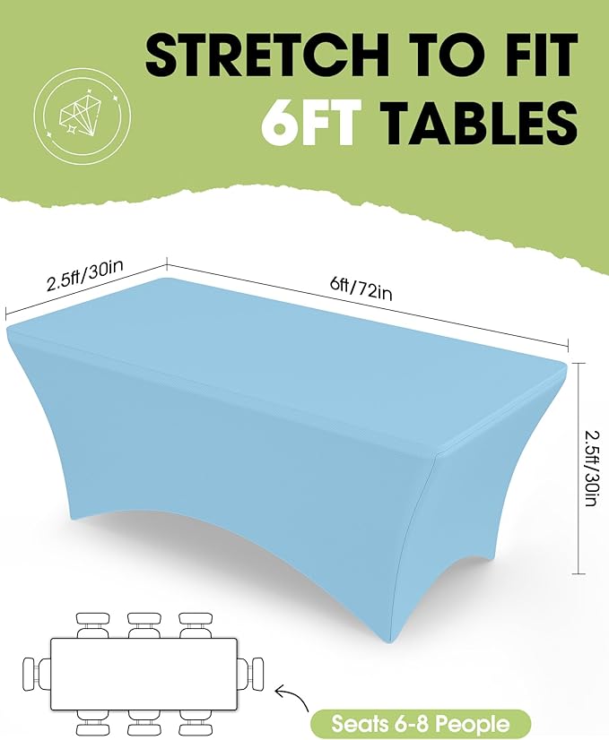 Pureegg Spandex Tablecloth 6ft - 2 Pack, Fitted and Tight Cloth for Rectangle Table, Wrinkle-Free and Stretch Table Cover for Party, Wedding, Banquet and Birthday, Blue Mist