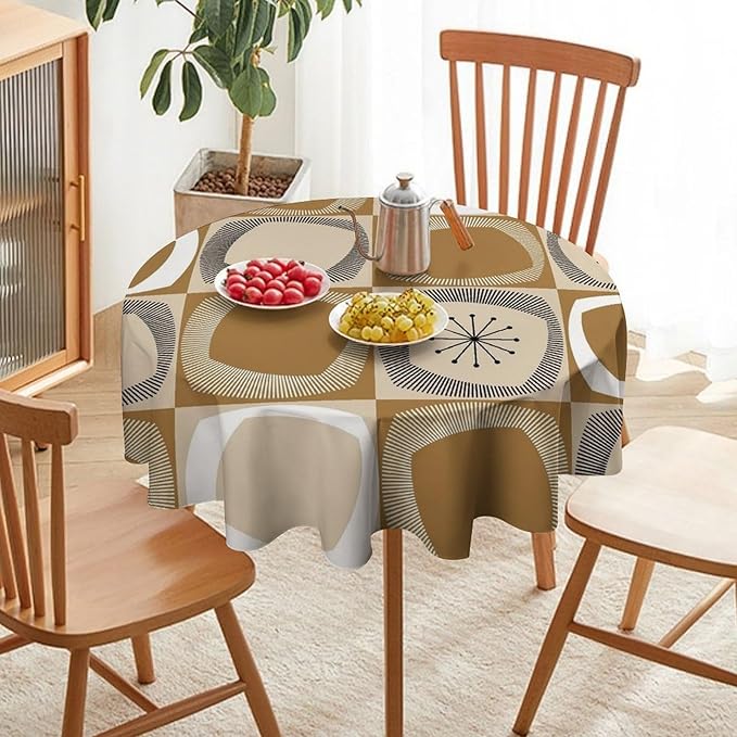 Mid Century Round Tablecloth, Retro Geometric Colorful Squares Abstract Boho Vintage 50s 60s Tablecloth for Home Party Dining Room Kitchen Decor 50Inch(127cm)