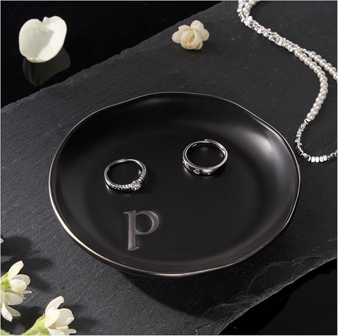 Lolalet Handmade Ceramic Ring Dish Jewelry Tray Plate with Initial, Small Monogram Gift for Her Women Girls Mother, Hostess, Engagement, Bridal Shower, Maid of Honor, Bridesmaid, Birthday, Christmas