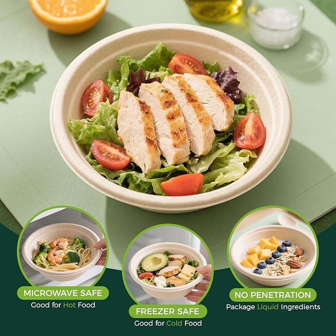 50-Pack 24oz Round Disposable Bowls with Lids - 100% Sugarcane Fiber, Paper Round Bowls for Soup, Salad, Ramen, Popcorn