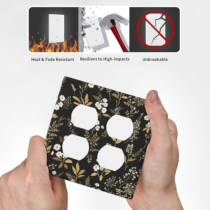 Light Switch Cover Black/Gold Boho Botanical Floral Rustic Flowers 2 Gang Decorative SwitchPlates Double Duplex Wall Plates Switch Plates and Outlet Covers for Bathroom Kitchen Decor
