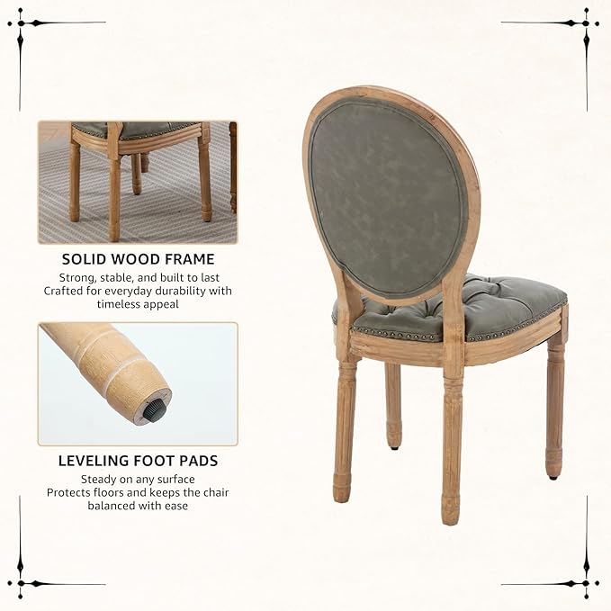 Vintage French Dining Chairs Set of 6, Round Back PU Leather Upholstered Side Chairs with Nailhead Trim and Solid Wood Frame, Sillas de Comedor for Dining Room & Kitchen, Olive Green