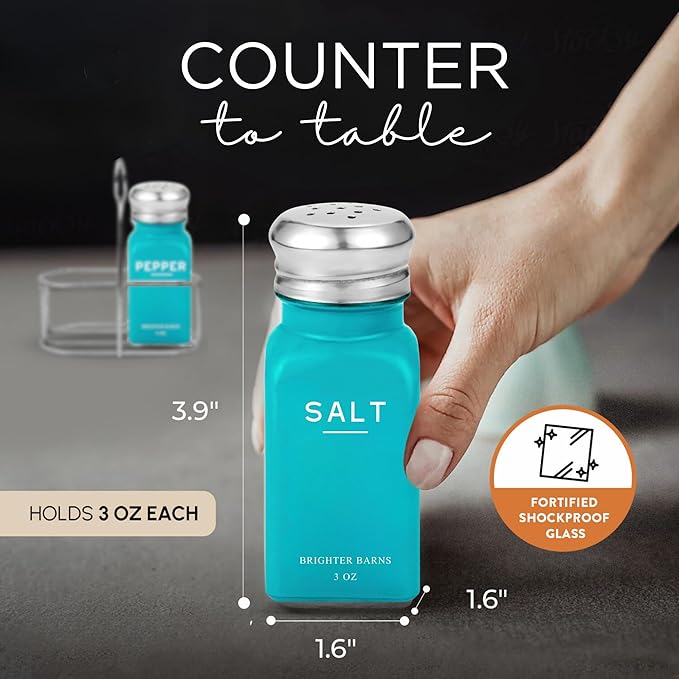 Teal Salt and Pepper Shakers Set with Holder by Brighter Barns - Turquoise Kitchen Decor, Modern Kitchen Essentials, Dining Table Decor - Salt Shaker with Caddy for Dining Room, Restaurants (Teal)