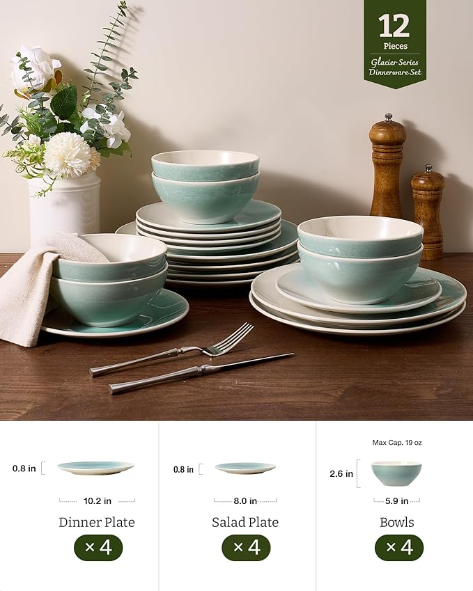 Famiware Glacier Stoneware Dinnerware Sets, Plates and Bowls Sets, 12 Pieces Kitchen Dishes Set for 4 - Dishwasher and Microwave Safe, Chip and Scratch Resistant, Aqua