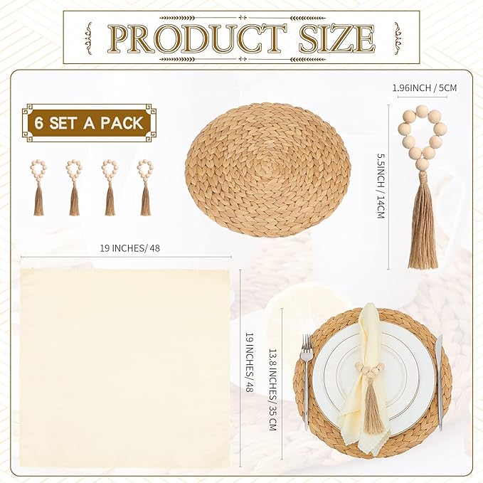 Gejoy 18 Pcs Boho Woven Placemats Wood Bead Napkin Rings with Dinner Napkins Cloth 13.8 Inch Round Water Hyacinth Placemat Farmhouse Rustic Table Chargers Wooden Dinner Ring for Wedding Thanksgiving