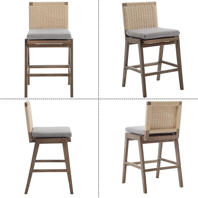 Mid Century Modern Counter Height Barstools Set of 2, 27” Linen Upholstered Counter Stools with Rope Woven Back Wooden Farmhouse Bar Stools for Kitchen Island Dining Room,Grey