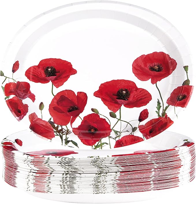 50Pcs Poppy Floral Oval Paper Plates 10" x 12" Large Disposable Heavy Duty Spring Poppies Dessert Platters Watercolor Red Flowers Dinner Plates for Seasonal Bridal Shower Tea Garden Party Supplies