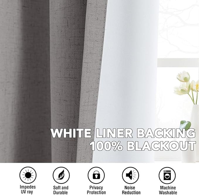 H.VERSAILTEX Linen Curtains 100% Blackout Curtains for Bedroom 96 inch Long Full Light Blocking Nature Linen Blended Window Curtains for Living Room Nickel Grommet (2 Panels, Heathered Dove)