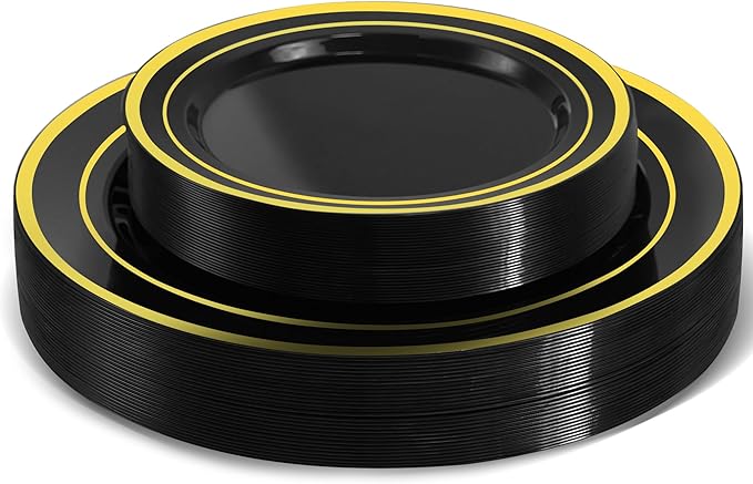 60 PCS Black and Gold Plastic Plates, Disposable Party Black Plates Include 30 10 inch Dinner Plate and 30 7 inch Dessert Plate Perfect for Holiday, Birthday, Wedding & Party