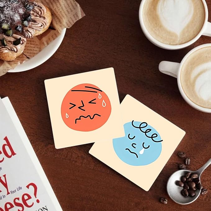 MAYCARI Cartoon Emotional Face Coasters Set of 6 Cork Backed Cute Coasters with Metal Holder Original Ceramic Surface Drink Cup Mats for Tabletop Protection Modern Desk Decoration Birthday Gifts