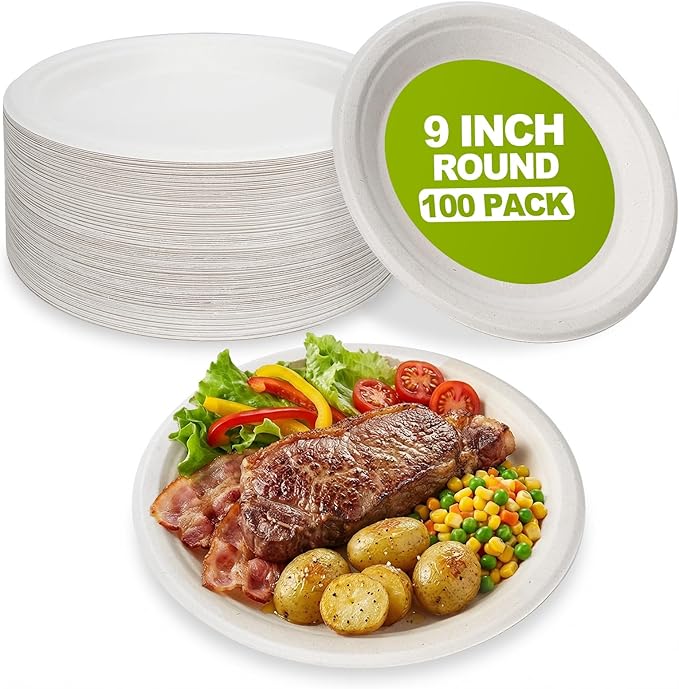 W&Y 100 Pack 9 Inch Paper Plates, Heavy-Duty Dinner Plates, Cut Resistant & 100% Compostable Disposable Paper Plate,Leak Proof & Microwave Safe for Parties, Weddings, Catering Events