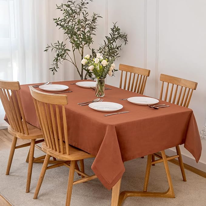 maxmill Lux Faux Linen Tablecloth with Slubby Yarn Textured Weaves Wrinkle Resistant Anti-Shrink Soft Fall Table Cloth for Dining Room Harvest Thanksgiving Decorations Rectangle 60 x 120 Inch Rust