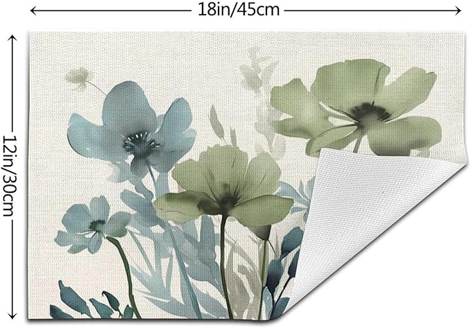 Spring Floral Placemats 12x18 Inches Set of 4,Watercolor Blue Green Flower Decorative Rectangle Summer Decor Floral Decoration Table Mats for Party, Home Kitchen,Dining Table Decoration