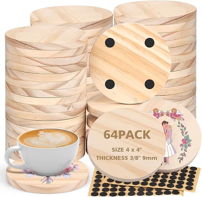 Adrattnay 64Pcs Unfinished Wood Coasters, 4" Round Wooden Coasters Tabletop Protection with Non-Slip Dot for Drinks, 9mm Blank Wood Coasters Bulk for Laser Engraving Painting Wood Burning Crafts