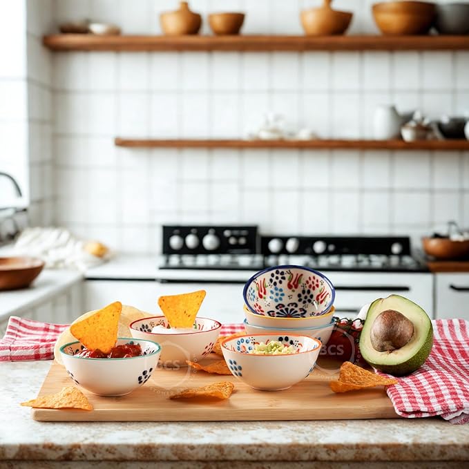 BCS Ceramic Salsa Bowls Set of 6 Small Pinch Bowls for Dipping, Cooking Prep & Charcuterie Board, Soy Sauce Dish, Multicolor Handmade Decorative Mini Serving Dishes Dishwasher Safe (3.2''-3 oz)