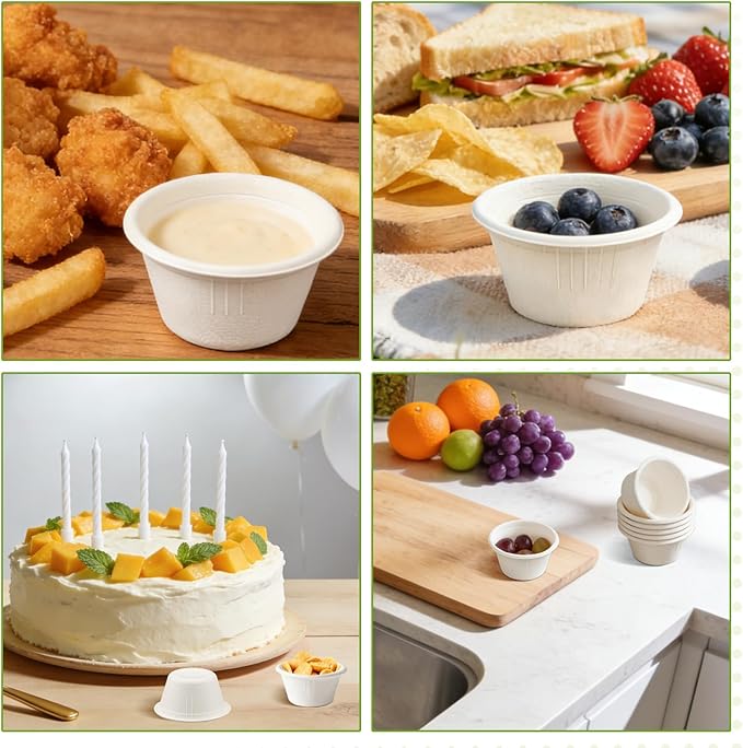 LeonBach 100 Pack Natural Bagasse Fiber Bowls 2oz Disposable Paper Cups Microwavable Safe Sample Snack Charcuterie Serving Cups Disposable Ramekins for Sauce Portion Condiment Ice Cream, White