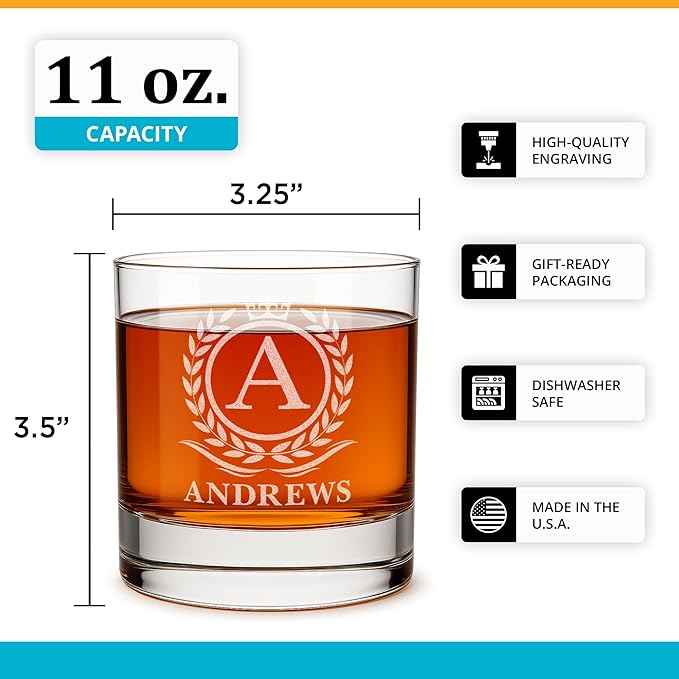 On The Rox Personalized Whiskey, Bourbon Glass Gifts for Men - 11 oz Engraved Name Monogram Scotch Glass - Customized Cocktail, Rocks, Brandy Glass Drinks (1)