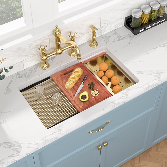 Sarlai 33 Inch White Undermount Sink Workstation - 33 x 19 Inch White Kitchen Sink Drop In Single Bowl Ledge Workstaion Topmount Sinks Fireclay Ceramic Sinks Basin With Gold Accessories