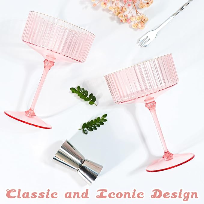 XUWAIDSGN 12 Pcs Champagne Martini Glasses 9 Oz with Gilded Removable Gold Rim Coupe Glasses Pink Martini Glasses Plastic Mimosa Vintage Coupe Glasses Set For Wedding Anniversary (12, Ribbed Pink)