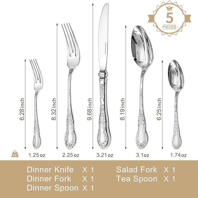 KINGSTONE Vintage Carved Silverware Set, 5-Piece 18/10 Stainless Steel Flatware Cutlery Set with Retro Royal Thick Handle, Tableware Utensils for Home, Restaurant, party, Wedding, Dishwasher Safe
