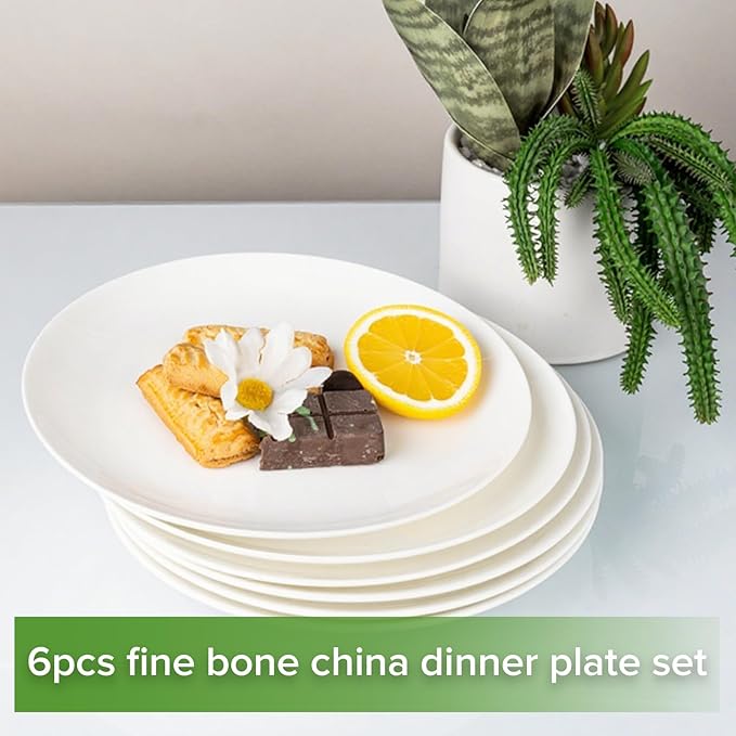 Fine Bone China Dessert Plates 6-Piece, Cake Plate, Side Plate 8 Inches, Fine Glaze With Pure White Color Sturdy and Durable, Thin Thickness and Light Weight, Microwave and Dishwasher Safe