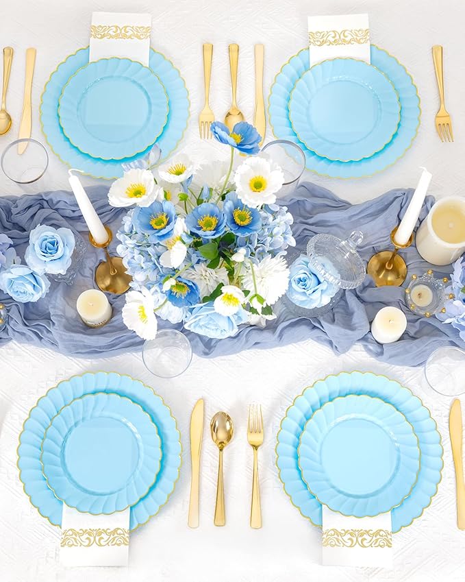 YOUBET 175PCS Blue Scalloped Plastic Plates - Light Blue Disposable Dinnerware Set Include 50 Plates, 75 Gold Silverware, 25 Cups, 25 Napkins for Party & Wedding & Baby Shower