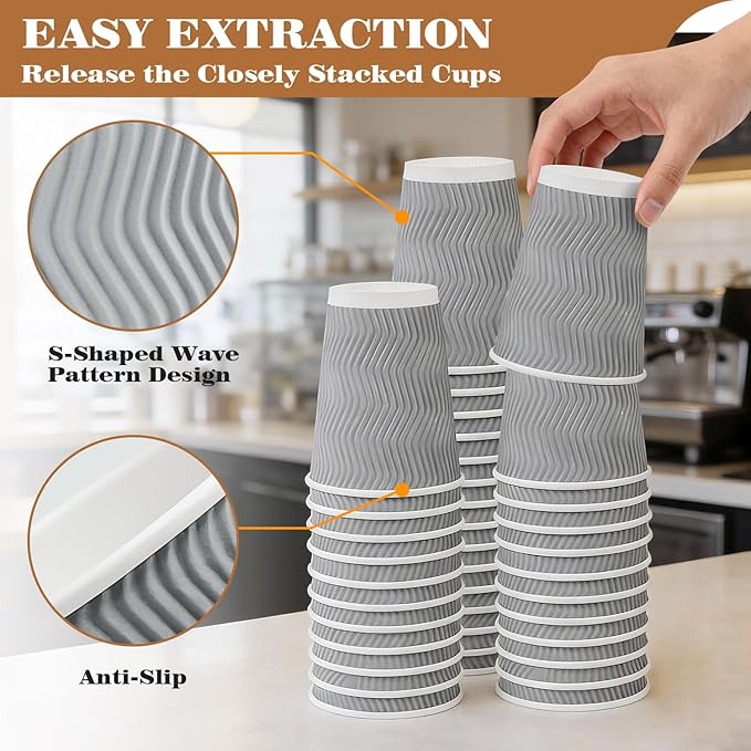 Ginkgo 100 Pack To Go Paper Coffee Cups With Lids, 12 oz Disposable Double-Walled Ripple Insulated Hot Cups for Hot Drinks, Lattes, Travel Cups, Medium, Gray