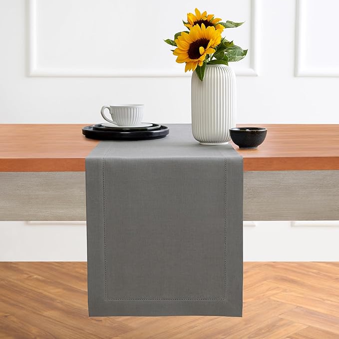 Solino Home Linen Steel Gray Table Runner 108 Inches Long - 100% Pure Linen Hemstitch 14 x 108 Inch Table Runner for Dining, Spring - Classic Hemstitch