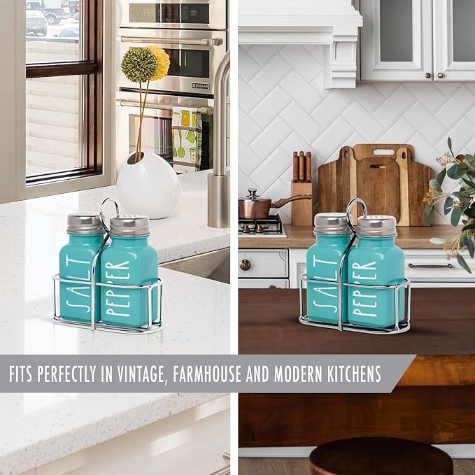 Turquoise Salt and Pepper Shakers Set, a cute teal premium glass shakers with holder and stainless steel lids, perfect for adding a modern kitchen decor charm, great as a gift.