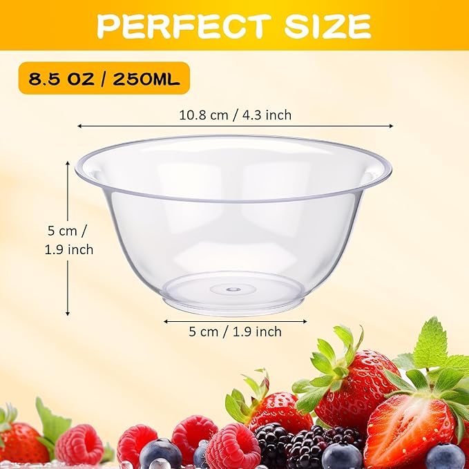100 Packs 8.5 oz Clear Plastic Bowls Disposable Plastic Bowls for Parties Weddings Serving Container for Candy, Soup, Dessert, Salsa, Ice Cream, Popcorn, Chip