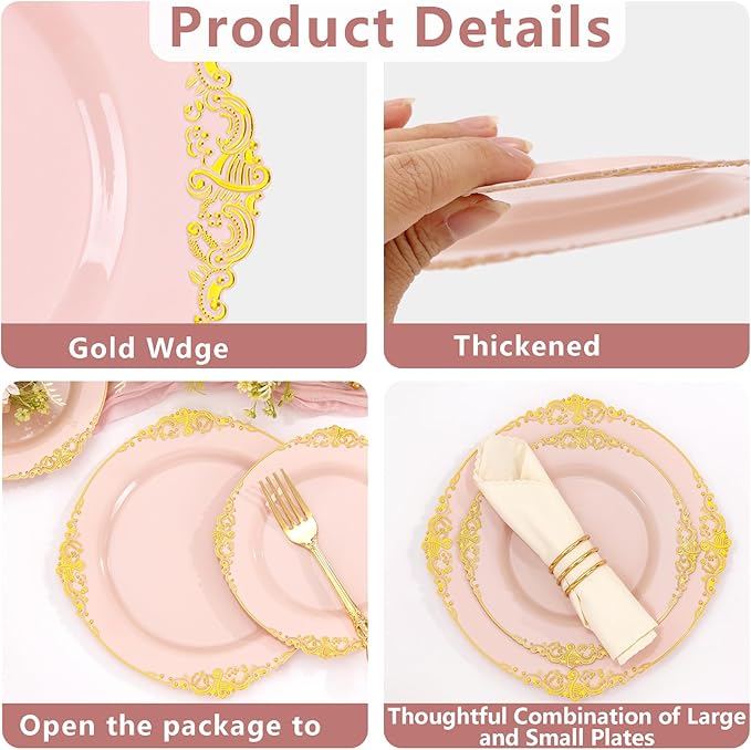 102PCS Pink Plastic Plates - Pink and Gold Plate - Heavyweight Disposable Plate with Gold Rim - Fancy Dinner & Dessert Plates for 51 Guests Weddings & Parties