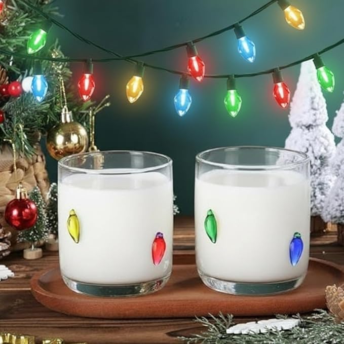 Icon Juice Glasses, 14oz Stemless Wine Drinking Juice Glass Cup for Valentine Party Supplies Gift(2 Pcs,Christmas Bulbs)