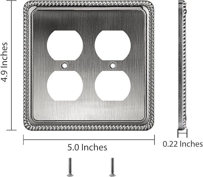 Henne Bery Rope Edge Decorative Wall Plate Switch Plate Outlet Cover (Double Duplex, Heirloom Silver)