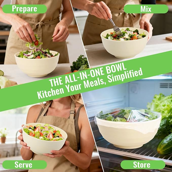 Large Wheat Straw Bowls Set of 6, 60 OZ Unbreakable Serving Bowls, Microwave Safe & Dishwasher Safe, Perfect for Salad, Fruit, Cereal, Soup, Ramen, Family Meals, Beige