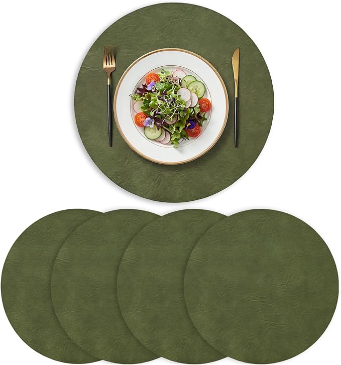 Artoid Mode Olive Green Faux Leather Placemats Set of 4, 15 Inch Waterproof Wipeable Heat Resistant Vinyl Place Mats, Reversible Table Mats for Kitchen Dining Decor