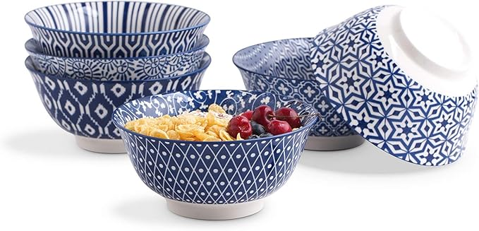 Selamica Porcelain 11oz Ice Cream Bowls Set of 6, Small Bowls, Ceramic bowls for Dessert, Ice Cream, Vintage Blue