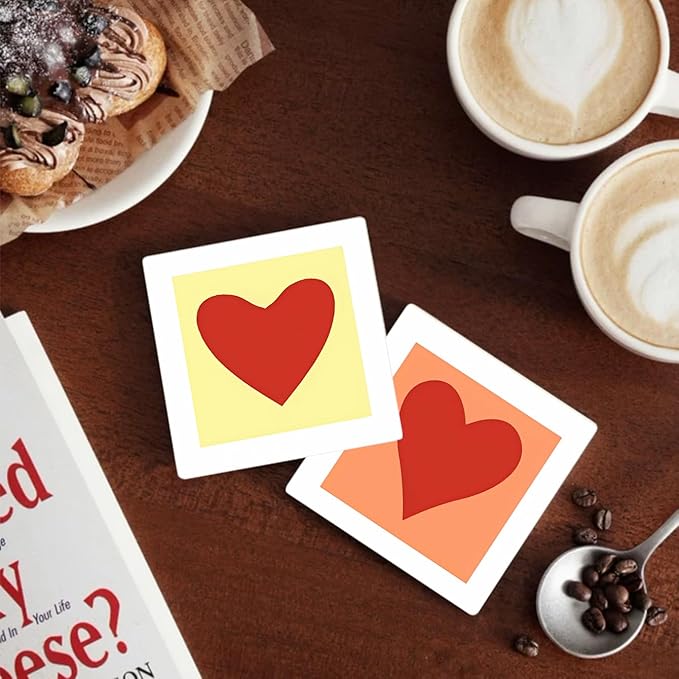 MAYCARI Love Hearts Printed Coasters Set of 6 Cork Backed Minimalist Aesthetic Coasters with Metal Holder Ceramic Surface Drink Cup Mats for Tabletop Protection Desk Decoration Valentine's Day Gifts