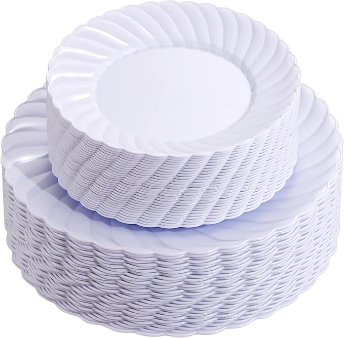 U-QE 100 Pieces White Plastic Plates - Premium White Disposable Plates for Wedding and Party Use Including 50PCS 9 '' Dinner Plate & 50PCS 6.5 '' Dessert Plate