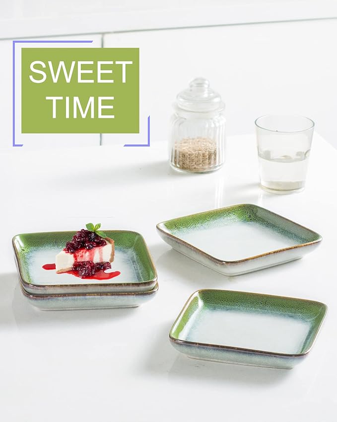 HENXFEN LEAD Small Square Ceramic Plates 6.3 Inch – Dessert, Appetizer & Snack Plates Microwave & Dishwasher Safe – Set of 4, Reactive Glaze Green