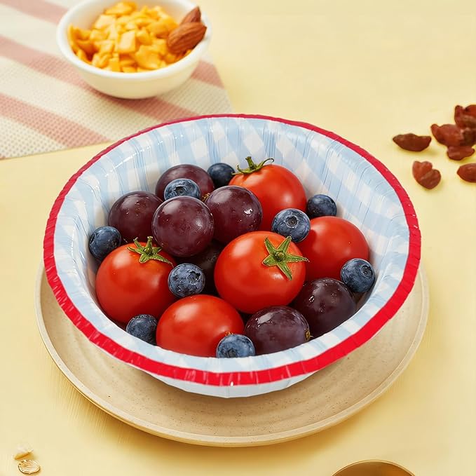 50 Pcs Small Paper Bowls, 8 oz Disposable Gingham Bowls, Soak Proof, Cut Proof, Microwave Safe Compostable Checkered Bowl for Ice Cream, Snack, Buffalo Plaid Birthday Party Supplies (Blue)