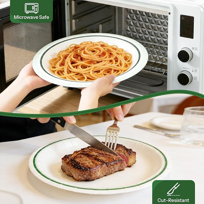 White Paper Plates with Green Circle Stripes (10" Dinner Plates, 100, Count)