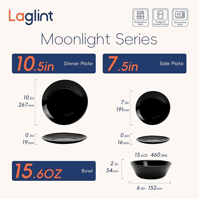 Dinnerware Sets for 6, LaGlint 18 Pieces Opal Glass Plates and Bowls Set, Dishwasher and Microwave Safe Dish Dinning Ware, Chip and Scratch Resistant Dishware Black