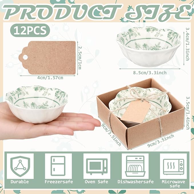 12 Pcs Wedding Favors for Guests Small Ceramic Bowl Bulk Gifts Set 3.3 Inch Floral Design Mini Dipping Sauce Dish with Card Box for Bridal Pooja Baby Shower Birthday Guest Gift (Sage Green)