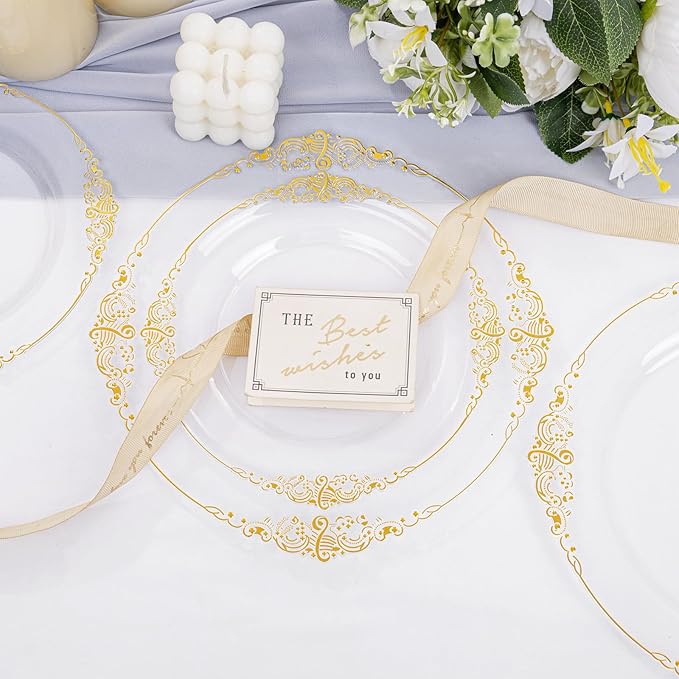 102PCS Clear Gold Plastic Plates - Clear Disposable Plates with Gold Rim - Clear Party Plate Include 51PCS Dessert Plates, 51PCS Dinner Plate for Weddings & Parties
