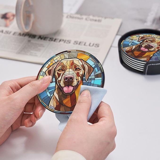 Drink Coaster Set of 6, Labrador Retriever Dog Mom Lover Gift,Leather Drink Coasters with Holder,6 Pack Cup/Bar/Drink Coasters for Table/Drinks/Coffee Protection Housewarming Gift