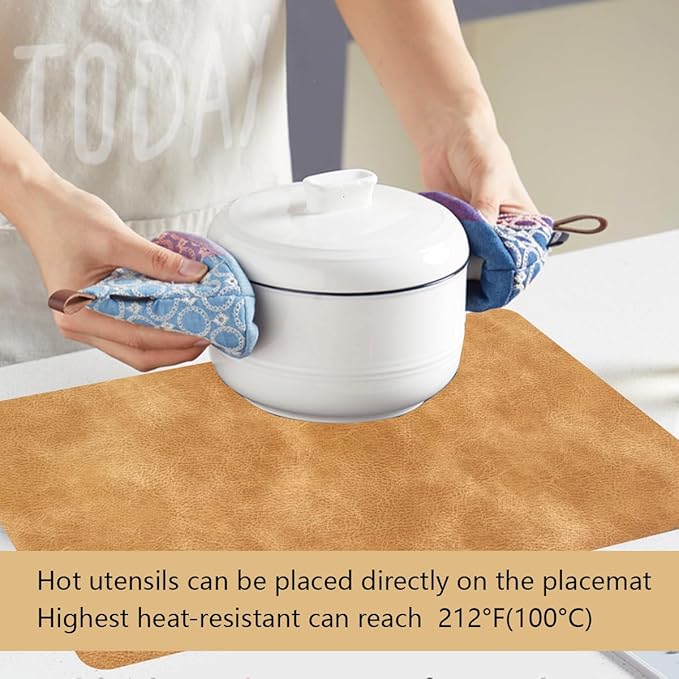 Faux Leather Eco-Friendly Placemats with Rounded Corners Set of 4,Oilproof&Heat-Resistant Place Mats,Waterproof&Stain Resistant Table Mats,Washable Non-Slip for Kitchen-Khaki