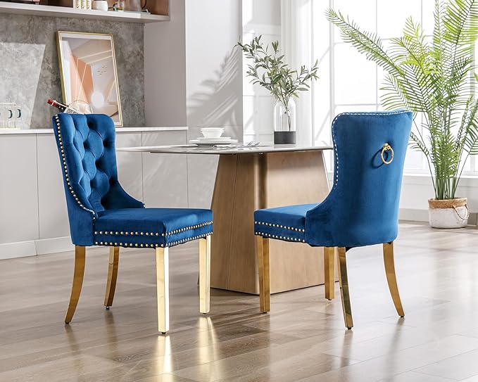 KCC Velvet Dining Chairs Set of 6, Upholstered High-end Tufted Dining Chair with Nailhead Back Ring Pull Trim Stainless Steel Legs, Contemporary Nikki Collection Modern Style for Kitchen, Blue