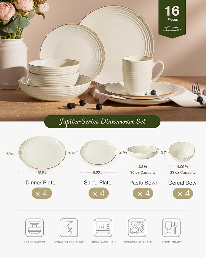 Famiware Jupiter Dinnerware Set with Pasta Bowl, Plates and Double Bowls Dish Sets for 4 (16 Pieces), Microwave and Dishwasher Safe Stoneware Tableware, Chip and Scratch Resistant, Vanilla White