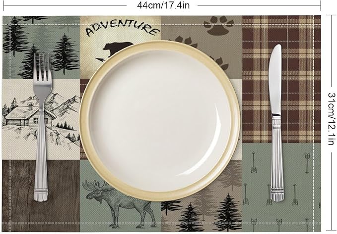 Rustic Bear Deer Placemats Wildlife Moose Forest Animal Cabin Lodge Heat-Resistant Linen Table Place Mats for Dining Kitchen Country Camp Style Farmhouse Decor 12x18 in 6 PCS, Countryside-6